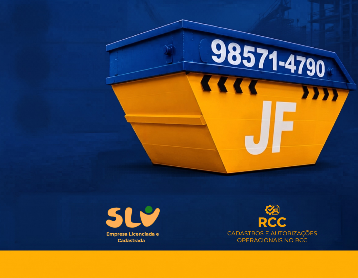 JF Entulhos - Caçamba amarela e azul com telefone 98571-4790